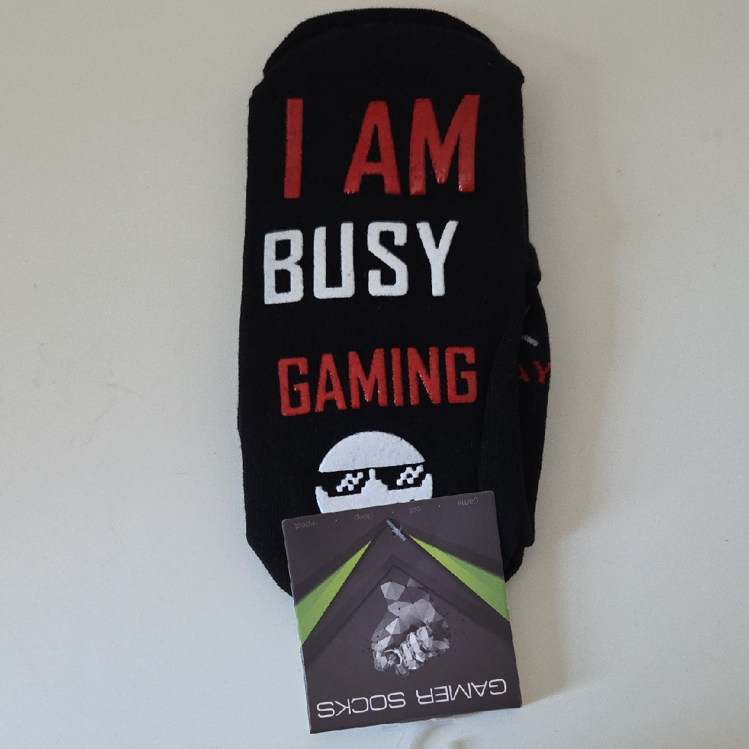 Gamer Black 'I Am Busy Gaming' Socks Red And White New